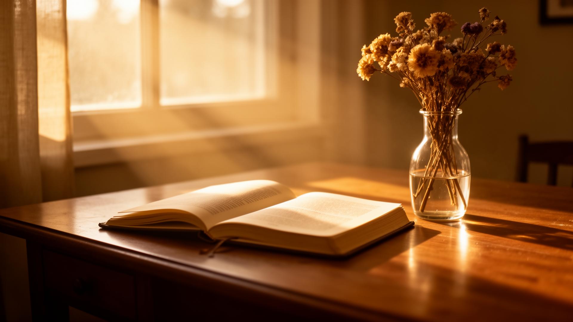 Morning light across an open journal on a writing desk